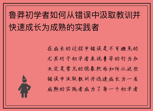 鲁莽初学者如何从错误中汲取教训并快速成长为成熟的实践者
