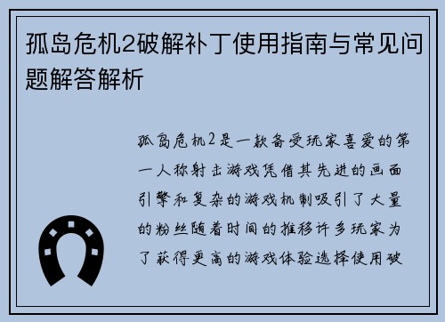 孤岛危机2破解补丁使用指南与常见问题解答解析